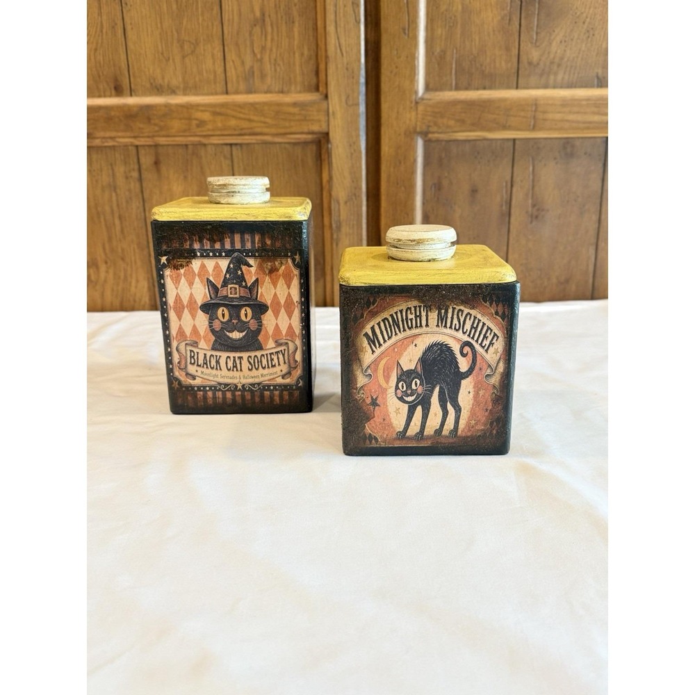 Halloween Black Cat Wooden Pantry Boxes Lidded Rustic Grungy Handmade